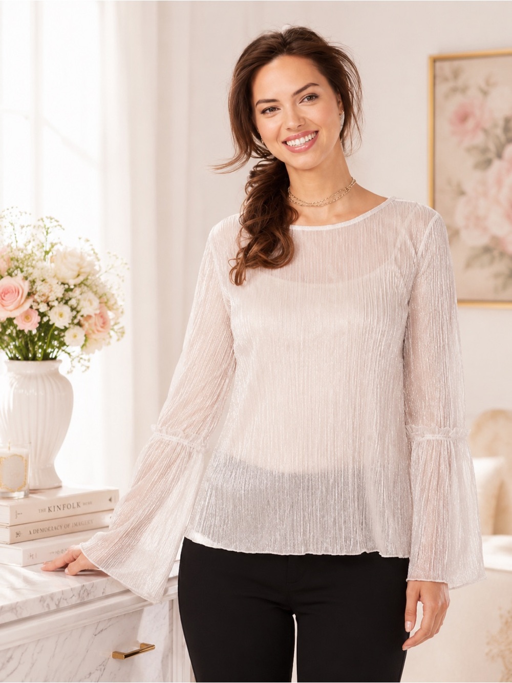 LC Lauren Conrad Metallic Bell Sleeve Blouse Gold Shimmer Top NWT M